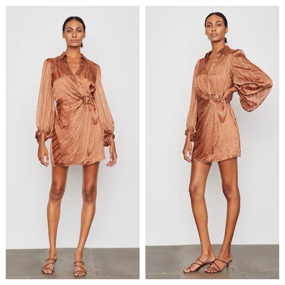 Bailey 44 Malaysia Mini Wrap Dress Size Large Coral Brown Print 70s Billowy - Picture 1 of 13